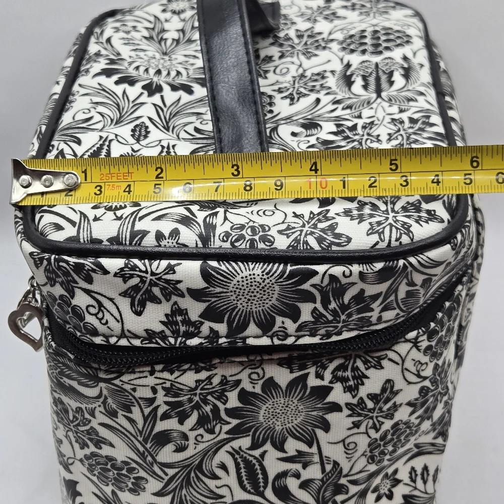 Bella Russo Makeup Bag Black & White Floral Design Zipper Closure Top Handle
